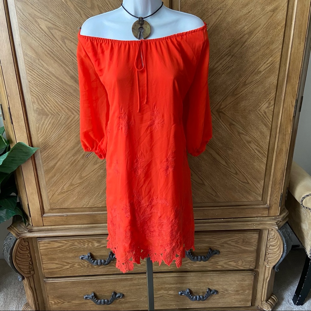 NYC Orange Floral Embroidered off shoulder dress